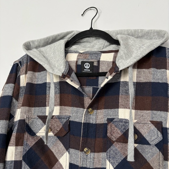 Amnesia Mens Hooded Plaid Flannel Long Sleeve Shirt Navy Blue & Brown Size M - Picture 2 of 7